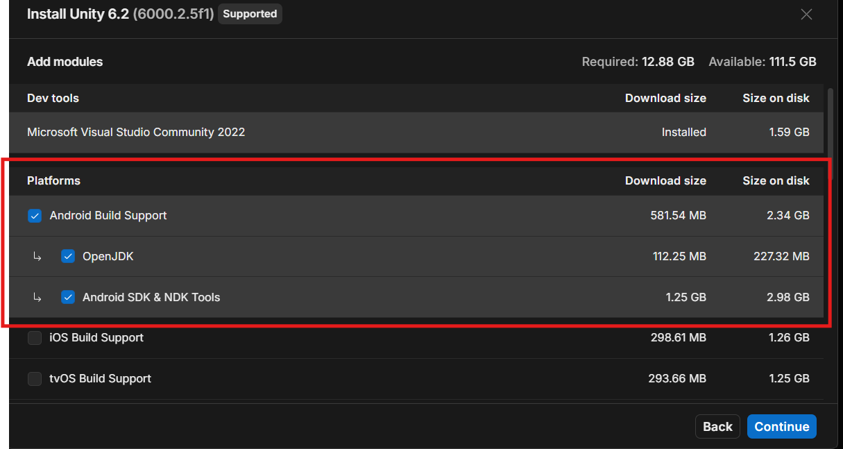 Android Build Support Selection