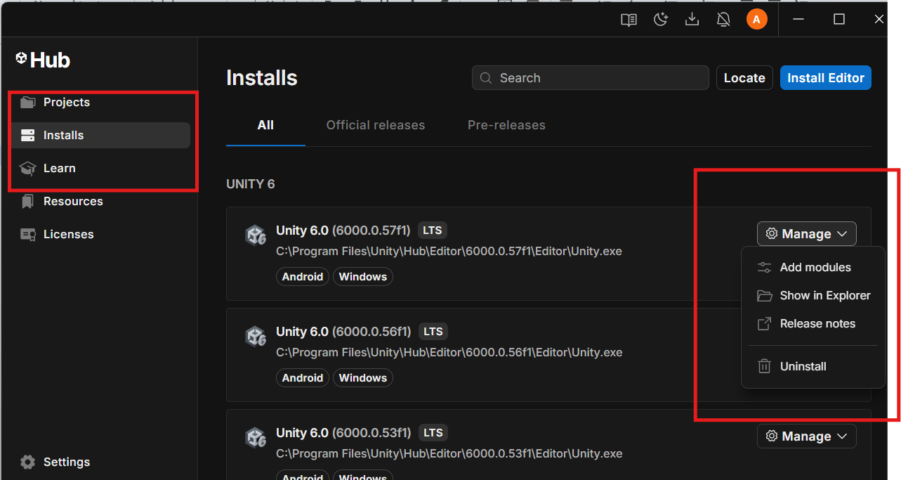 Add Modules via Unity Hub