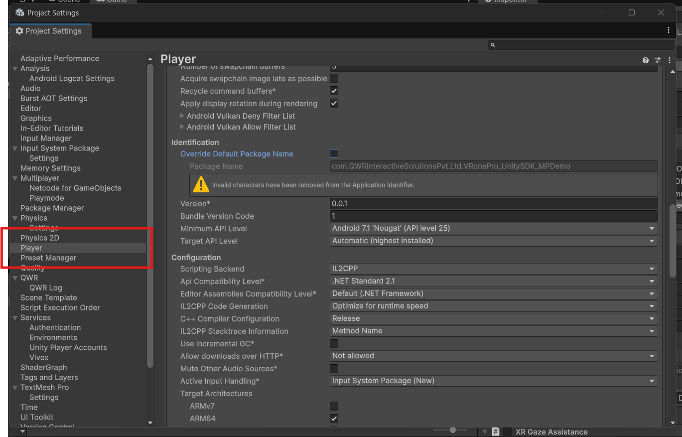 Player Settings Configuration